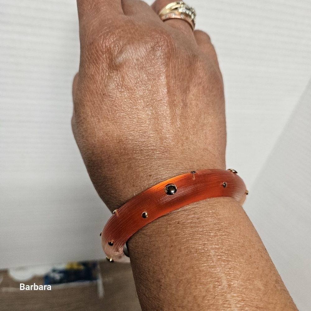 Alexis Bittar Frosted Orange/Red Studded Hinged Lucite Bangle Bracelet